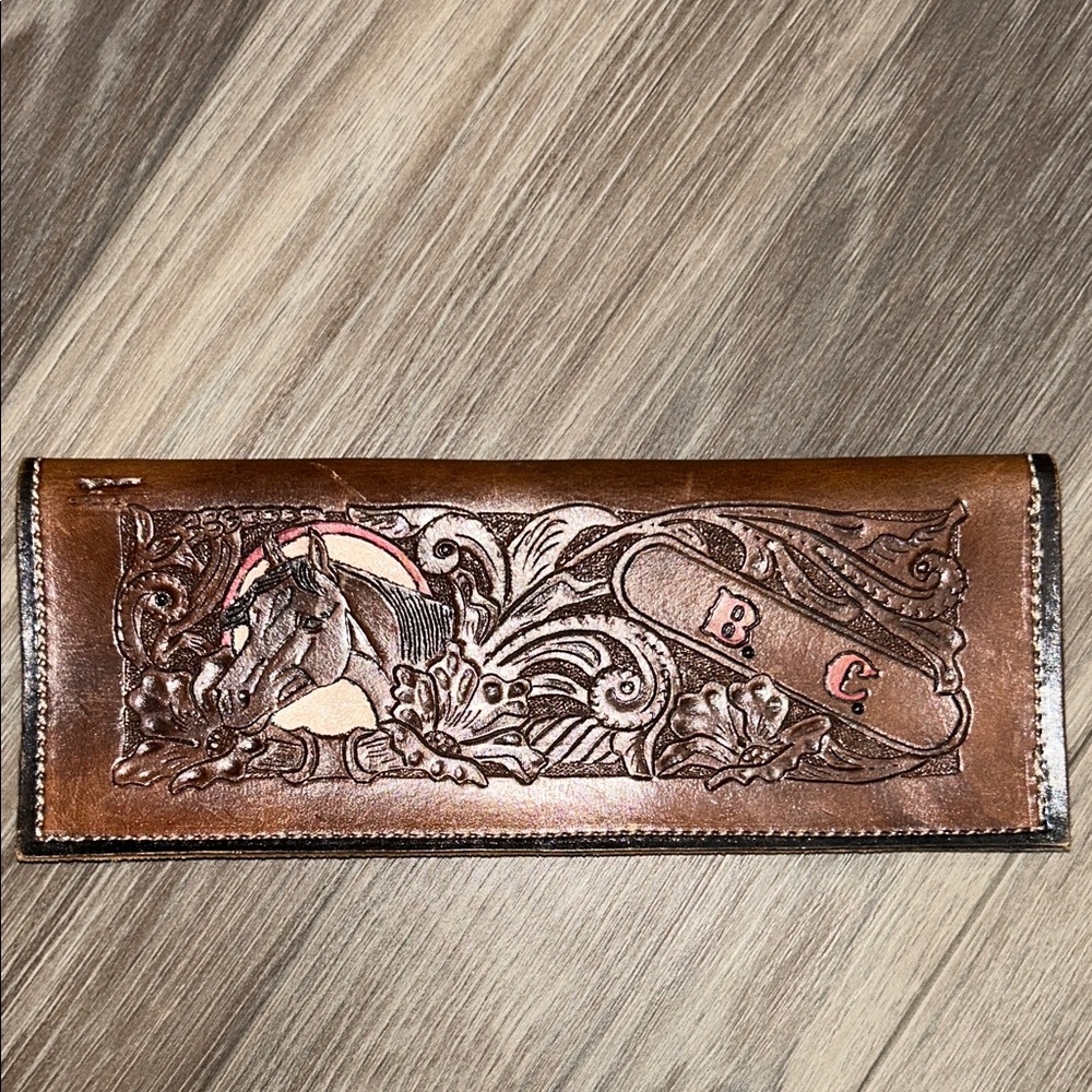 Hand-Tooled Brown Leather Wallet with Horse Motif